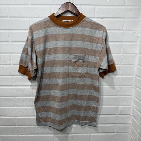 Vintage 90s Brittania Gray Orange Striped Tshirt Pocket Tee Mens Sml Fall Skater - Picture 3 of 10